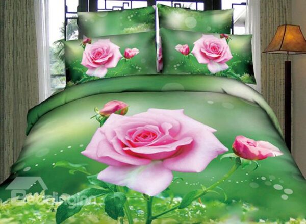 A Branch of Pink Rose with Green Background Print 4-Piece 3D Duvet Cover Sets