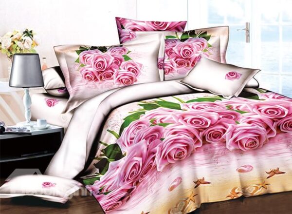 Pretty Pink Roses on Beach Print 4-Piece 3D Duvet Cover Sets