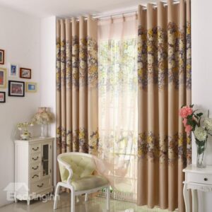 Elegant Beige Floral Patterns Design Grommet Top Custom Curtain