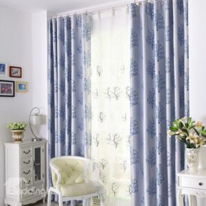 Elegant Light Blue Tree Patterns Design Grommet Top Custom Curtain