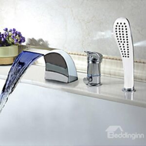 Modern Multi-color LED Widespread Waterfall Hand Shower Tub Faucet
