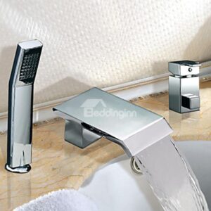 Chrome Finish Two Handles Widespread Waterfall Contemporary Hand Shower Bathtub Faucet