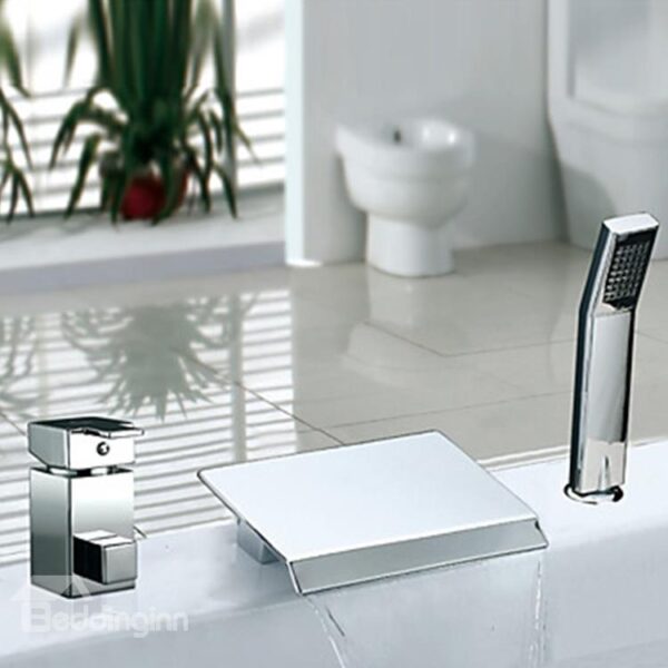 Amazing Contemporary Chrome Finish Two Handles Widespread Waterfall Bathtub Faucet