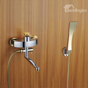 Chrome Finish Golden Handshower and Rotatable Spout Bathtub Faucet