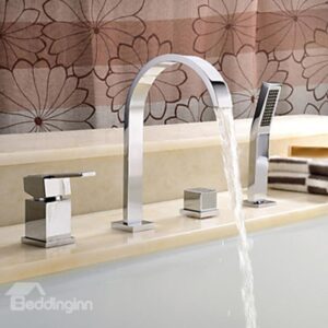 Contemporary Two Handles Widespread Chrome Finish Brass Handled Shower Head Bathtub Faucet
