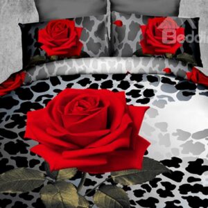 Skincare Red Rose and Leopard Print 4-Piece Polyester 3D Duvet Cover Sets