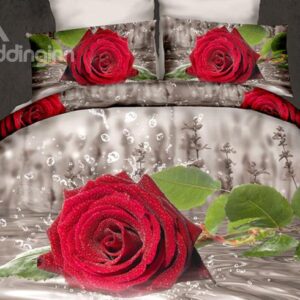Fresh Red Rose in Water Print 4-Piece Cotton 3D Duvet Cover Sets