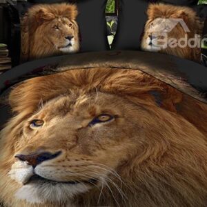 Inspiring Lion with Black Background Print 4-Piece Polyester 3D Duvet Cover Sets