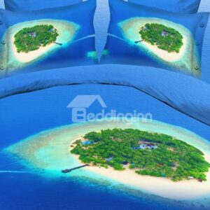 Green Island and Dark Blue Sea Print 4-Piece Polyester 3D Duvet Cover Sets