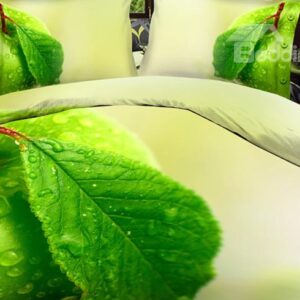 Dewy Green Fresh Leaves Print 4-Piece Polyester 3D Duvet Cover Sets