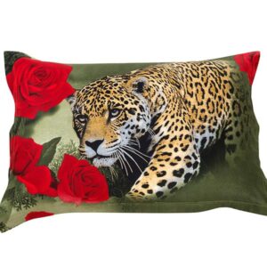 Ferocious Leopard and Wonderful Red Roses Print Pillow Case