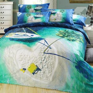 Heart Shaped Isle and Dark Green Sea Print 3D Bedding Sets