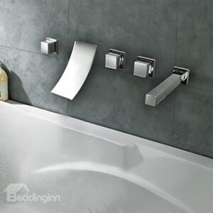Contemporary Chrome Finish Widespread Waterfall Curve Bathroom Tub Faucet