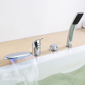 Contemporary Chrome Finish Three Handles LED Bathtub Faucet