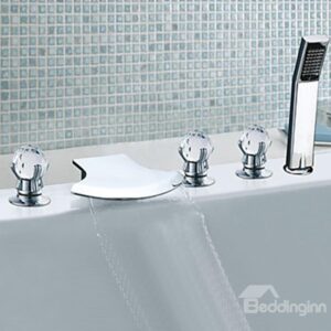 Contemporary Chrome Finish Three Handles Waterfall Semicircle Shaped Bathtub Faucet