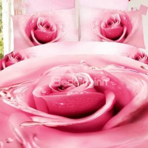 Charming Big Pink Dewy Rose Print 4-Piece Duvet Cover Sets