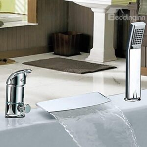 Simple Style Widespread Chrome Finish Waterfall With Handshower Tub Faucet
