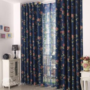 High Quality Elegant Dark Blue Floral Grommet Top Custom Curtain