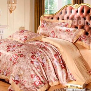 Luxury Blooming Flowers Print 100% Cotton 4-Piece Duvet Cover Sets