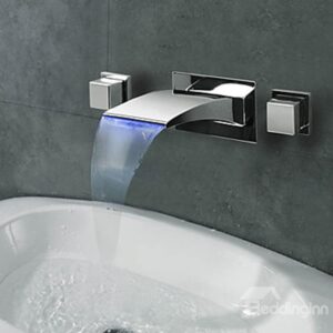 Contemporary Widespread Waterfall Wall Mount Three Colors LED Bathroom Sink Faucet