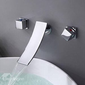 Contemporary Chrome Three Holes Two Handles Wall Mounted Waterfall Bathroom Sink Faucet