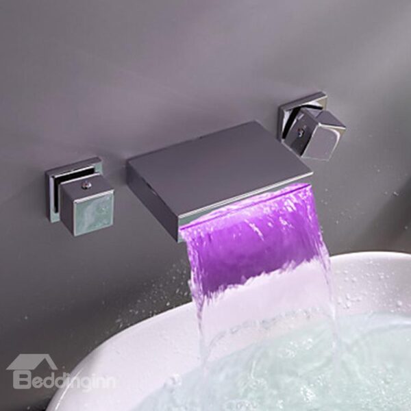 Modern Widespread Wall Mount Waterfall Three Colors LED Bathroom Sink Faucet