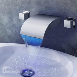 Contemporary Arcuate Spout Waterfall Three Colors LED Bathroom Sink Faucet