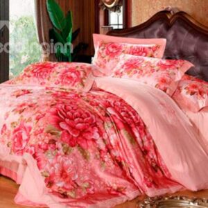 Very Soft Aromatic Red Flower Print 4-Piece Duvet Cover Sets