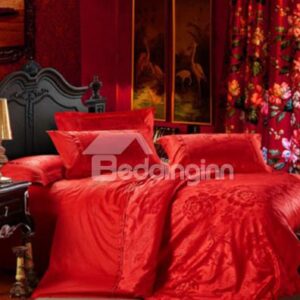 Forever Love Solid Red Rose Pattern 100% Cotton 4-Piece Duvet Cover Sets
