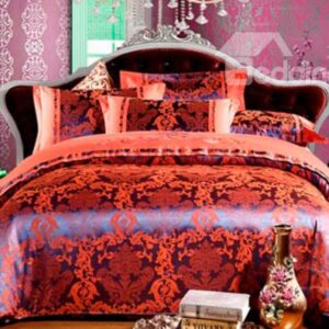 Flame Color Medallion Pattern Satin Jacquard 100% Cotton 4-Piece Duvet Cover Sets