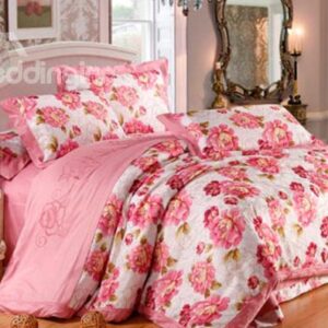 Spring Color Floral Pattern Satin Jacquard 100% Cotton 4-Piece Duvet Cover Sets