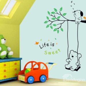 Life is Sweet Cute Bear Playing on a Swing Wall Stickers
