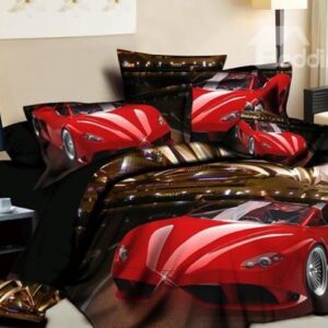 One Red Car Running in Night Print 4-Piece 3D Duvet Cover Sets