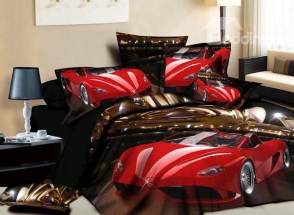 One Red Car Running in Night Print 4-Piece 3D Duvet Cover Sets