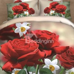 Very Beautiful Red and White Flowers Print 4-Piece 3D Duvet Cover Sets