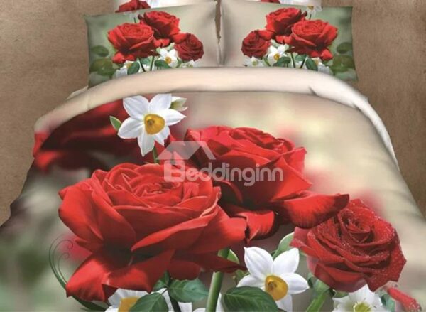 Very Beautiful Red and White Flowers Print 4-Piece 3D Duvet Cover Sets