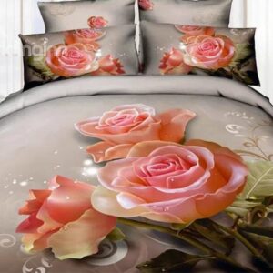 Charming Blooming Pink Roses Print 4-Piece 3D Duvet Cover Sets
