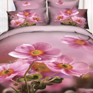 Attractive Pink Flower Print 4-Piece 3D Duvet Cover Sets
