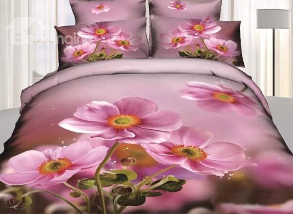 Attractive Pink Flower Print 4-Piece 3D Duvet Cover Sets