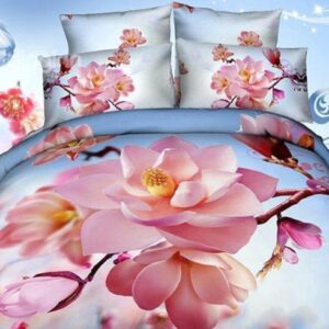 Charming Pink Flower Print 4-Piece 3D Duvet Cover Sets