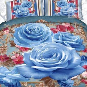 Blue Rose Cane Border Print 4-Piece 3D Duvet Cover Sets