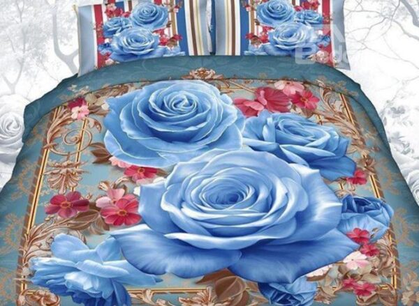 Blue Rose Cane Border Print 4-Piece 3D Duvet Cover Sets