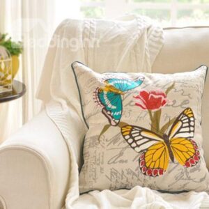 Beautiful Butterfly Flying over Delicate Flowers Print Throw Pillow