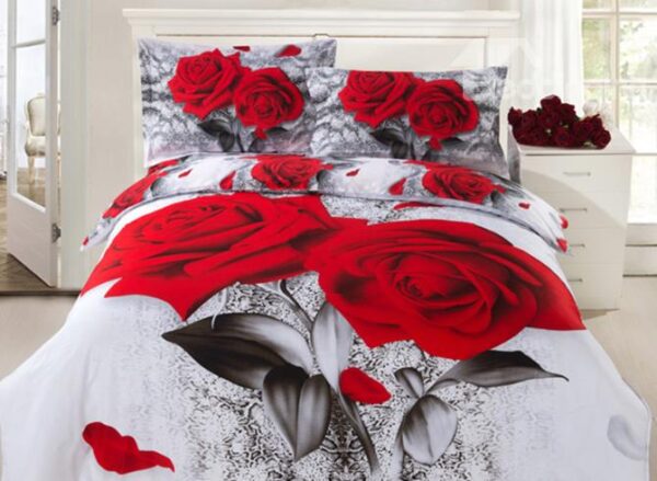 Two Red Roses Print 4 Piece 3D Duvet Cover Sets
