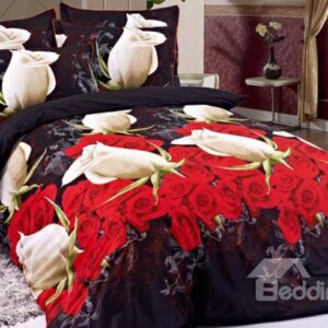 Beautiful Rose Bud and Blooming Rose Print 4 Piece Cotton 3D Duvet Cover Sets