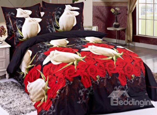 Beautiful Rose Bud and Blooming Rose Print 4 Piece Cotton 3D Duvet Cover Sets