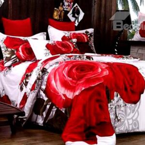 Unique Design Red Roses Print 4 Piece Cotton 3D Duvet Cover Sets