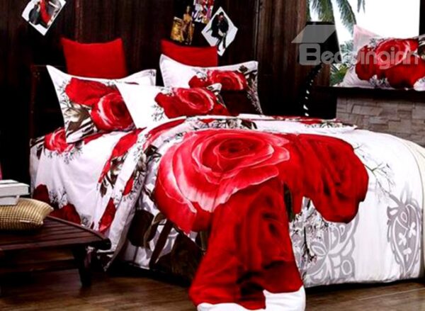 Unique Design Red Roses Print 4 Piece Cotton 3D Duvet Cover Sets
