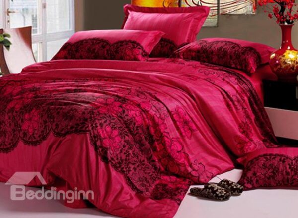 Luxury Lace Flower Trim 4 Piece Cotton Wedding Duvet Cover Sets