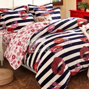 Red Lips and Stripe Print Coral Fleece Duvet Cover Sets